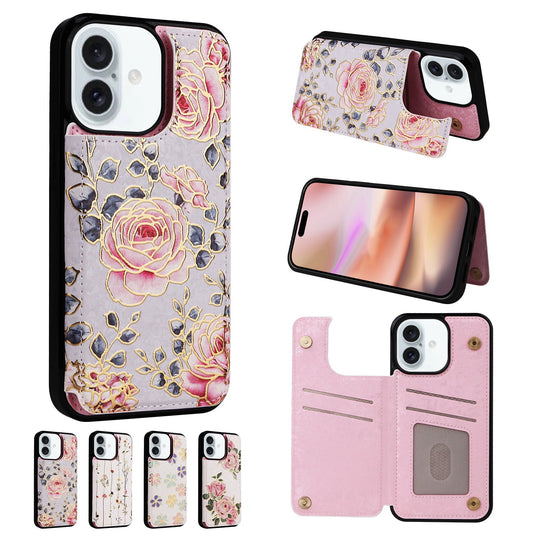 Phone Case Applicable to Apple 16 painted double buckle four-insert card wallet case 16pro max all-inclusive anti-drop case protective cover -dropshippingabc.com