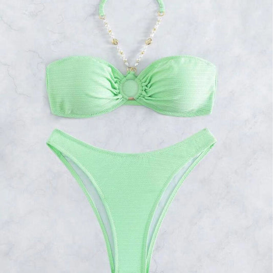 Sexy Solid Color Halter Bikini - Ruched Bust Ladies Beach Swimsuit -dropshippingabc.com