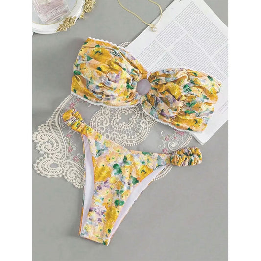 Floral Bandeau Bikini Set - Sexy Tube Top & High-Cut Split Bottom Swimsuit for Women -dropshippingabc.com