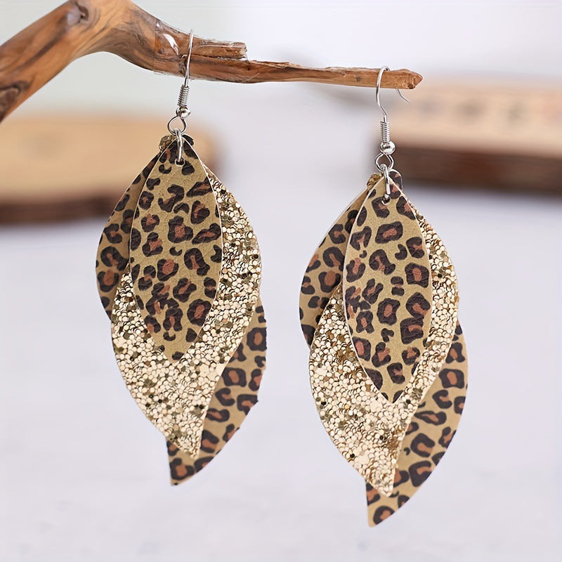 Bohemian Geometric Drop Earrings - Lightweight Faux Leather Leaf Design with Double-Sided Color & Triple Tassel Fringe -dropshippingabc.com