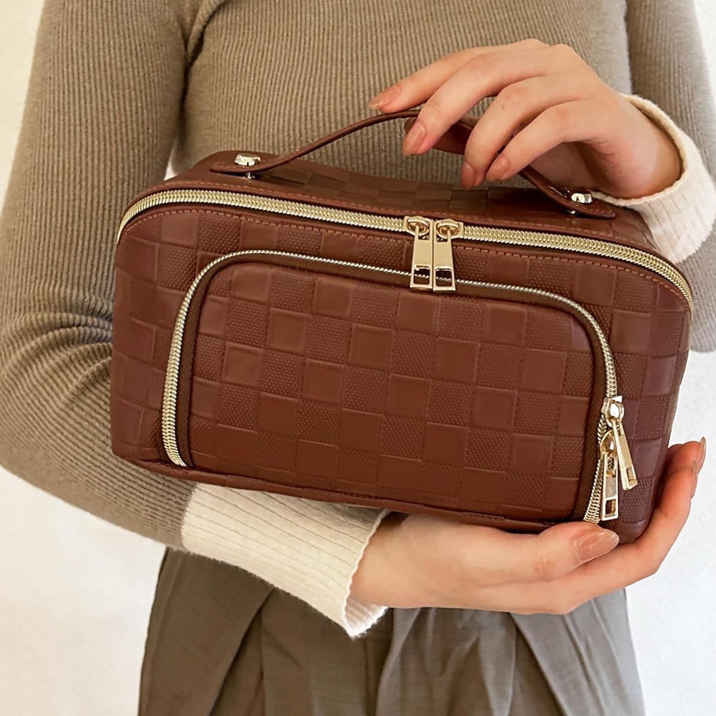 Chessboard double pillow cosmetic bag, multifunctional waterproof toilet bag, makeup bag with compartments,