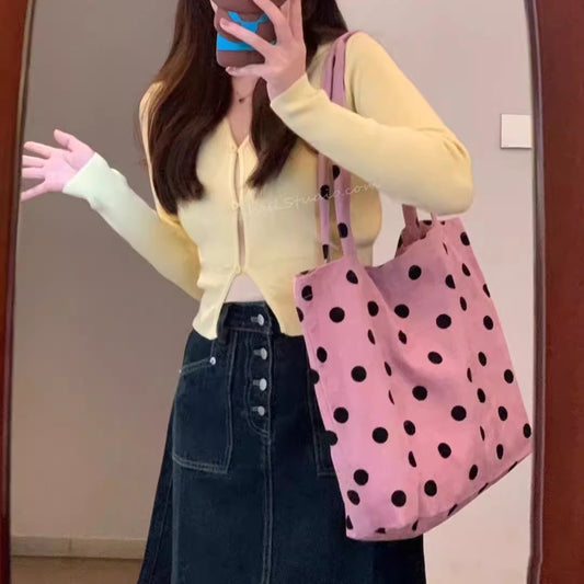 Bolso hobo primaveral con lunares, bolso de hombro versátil y de gran capacidad para estudiantes, bolso hobo de lona de diseño