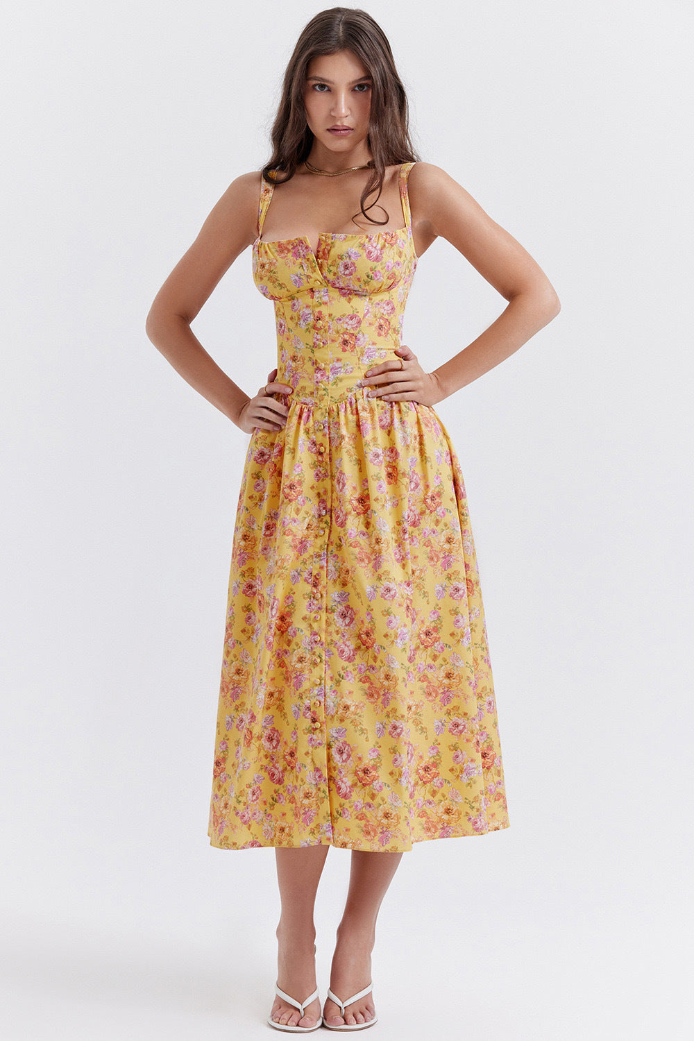 Floral Printed French Lace-Up Halter Dress - Sleeveless Spaghetti Strap Holiday Party Dress with Suspender Detail -dropshippingabc.com