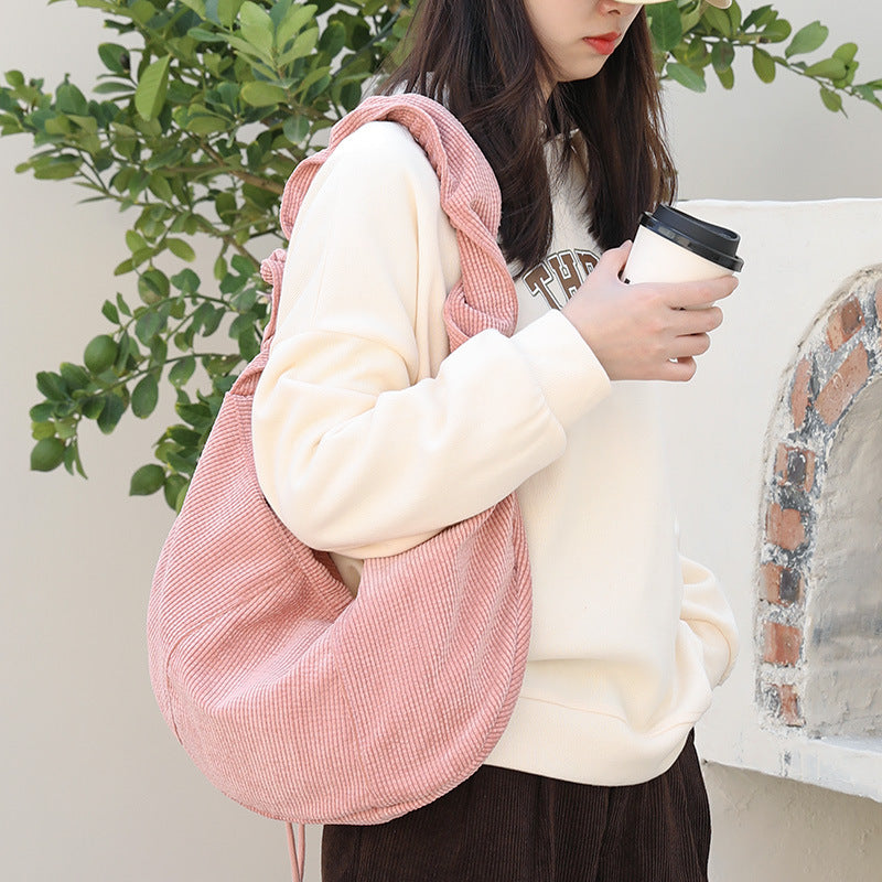 Canvas hobo bag, casual pleated shoulder bag, drawstring corduroy shoulder bag