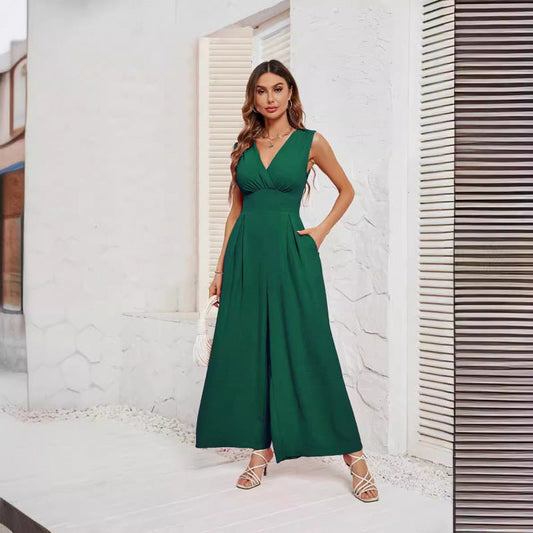 Sleeveless Jumpsuit High Waist Slim Straight Leg Wide -dropshippingabc.com