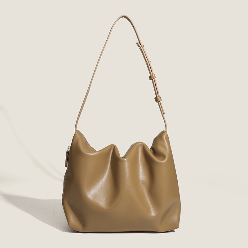 Bolso de hombro sencillo de piel suave con pliegues, diseño para mujer, bolso de hombro con cremallera lateral de color liso, bolso hobo para mujer