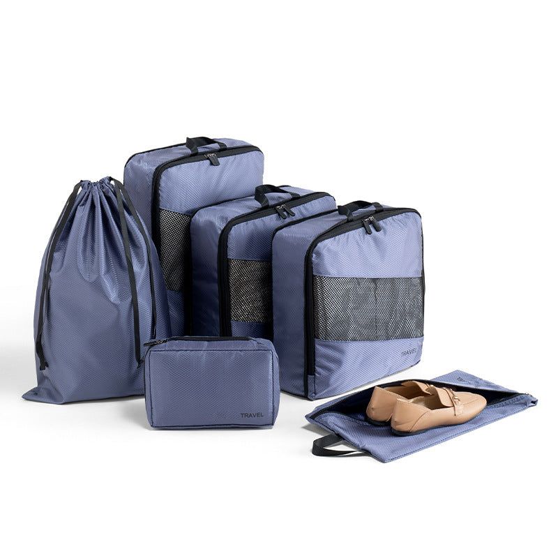 Bolsa de almacenamiento de ropa de viaje de tela de poliéster gruesa, juego de artículos de viaje con cubrezapatos y bolsa de almacenamiento de seis piezas.