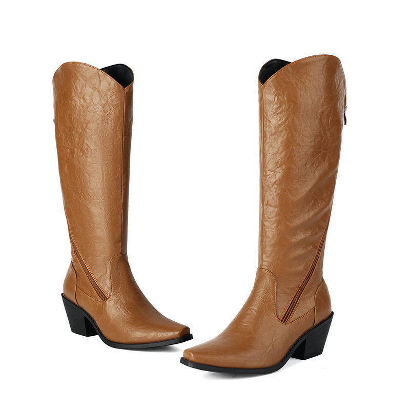 Chunky Heel Leather Martin Knee Boots | Big Sizes up to US16