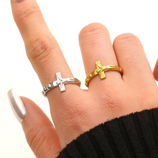 Stainless Steel Cross Portrait Open Ring Vintage Minimalist Unisex Band