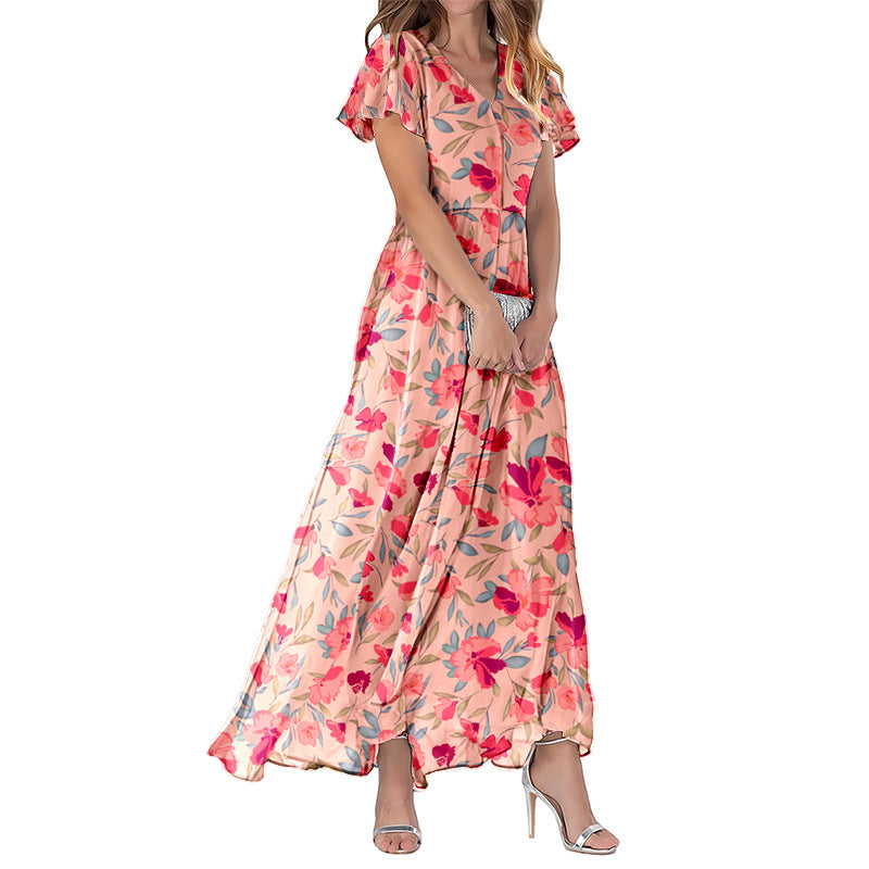 Summer Flared Maxi Dress V-Neck Short Sleeve Printed Chiffon Dress