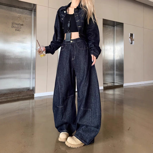 Designer Distressed Denim Set, Cropped Jacket & Baggy Jeans, Retro Hip-Hop Outfit for Women