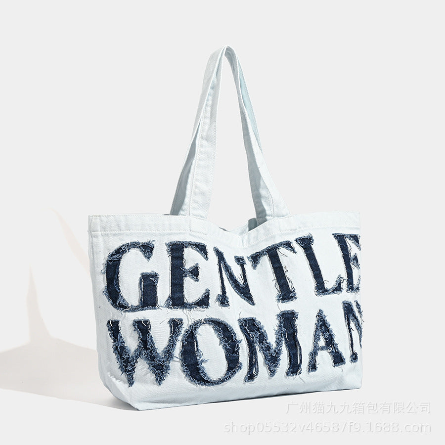 Bolso bandolera de lona de gran capacidad, bolso tote grande de mezclilla retro, bolso de mano de tela con pegatinas de letras, bolso tote grande