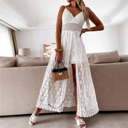 Women's Floral V-Neck Lace Dress - Sleeveless Spaghetti Strap Boho Beach Vacation Dress with Side Split -dropshippingabc.com