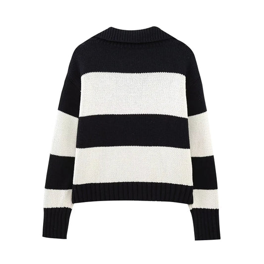 Women Fashion Black Striped Knit Sweater Spring Vintage Polo Neck Long Sleeve Female Pullovers Chic Tops