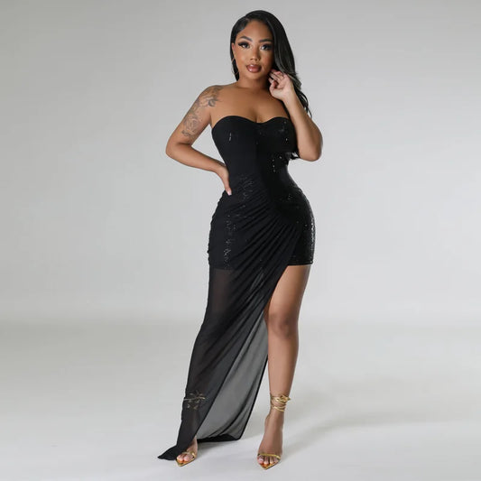 Women's New Sequined Dress Split Bead Tube Top Dress