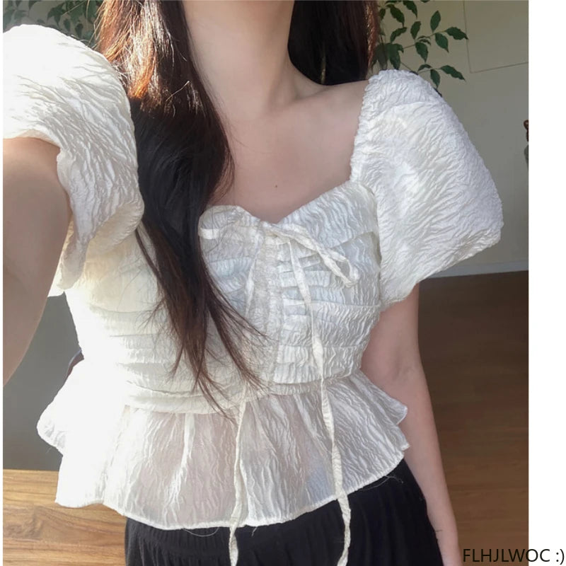 Sexy Short Chic Crop Tops Off Shoulder Women Korean Japanese FLHJLWOC Style Design Pink Floral Ruffled Vintage Peplum Top Blouse