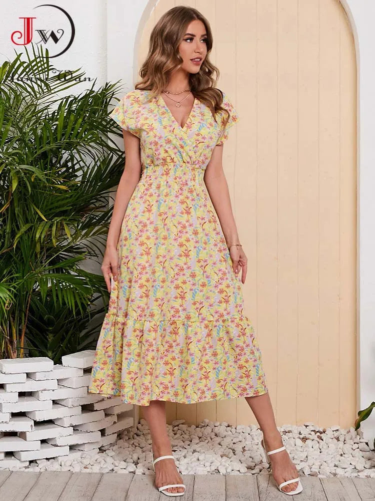 Vestido largo de verano para mujer, de gasa con estampado floral, manga corta, elegante escote en V, cintura elástica, ideal para la playa o las vacaciones.