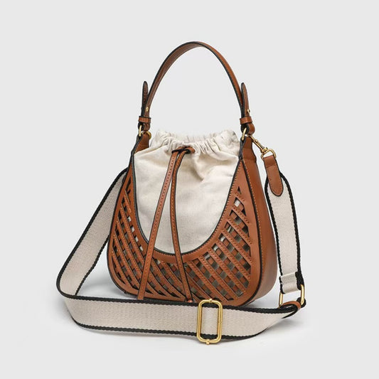 Elegante bolso bandolera marrón tipo cubo - Bolso tote vintage de punto con estilo y práctico bolso bandolera pequeño tipo hobo