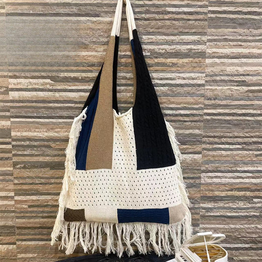 Bolso con borla para mujer, bolso de hombro de punto con diseño de empalme, bolso hobo de punto retro sencillo y versátil