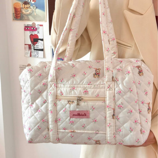 Bolso tote de gran capacidad para niñas, bolso para viajes cortos, bolso acolchado con estampado floral, bolso de hombro para estudiantes.
