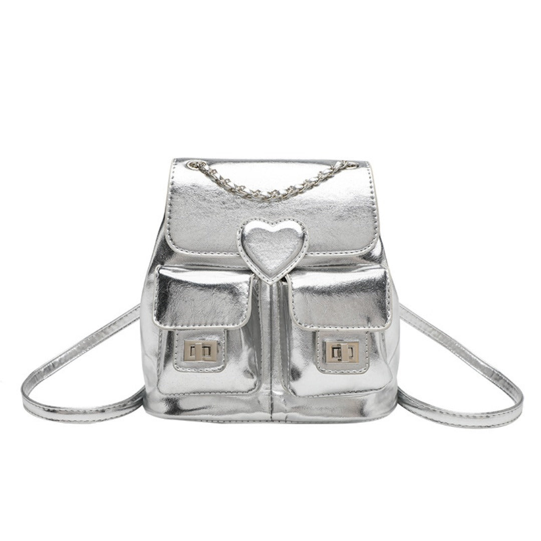 Elegant Design Silver Backpack Purse – Stylish Women's Fashion Chain Versatile Travel Bucket Bag with Metallic Finish