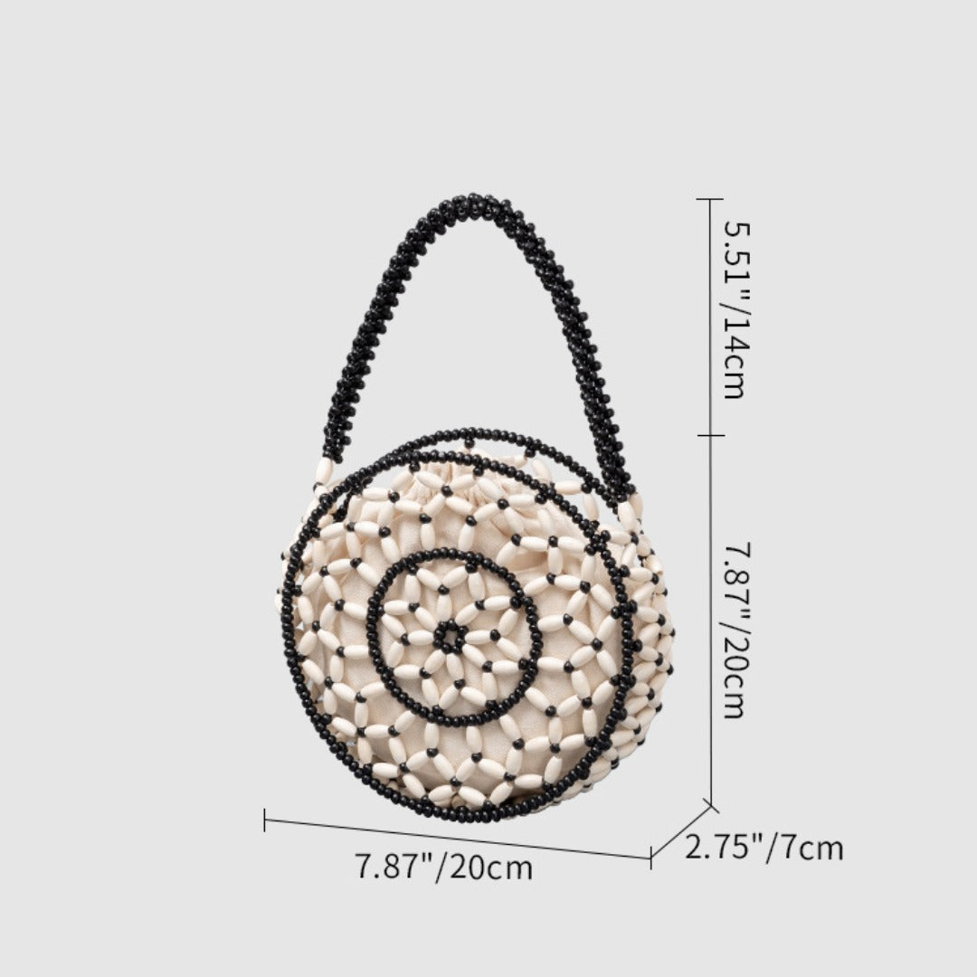 Bolso pequeño redondo de madera con cuentas, bolso tejido a mano, bolso de playa para mujer, bolso pequeño con cuentas