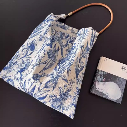 Bolso de mano retro con diseño de flores de porcelana azul y blanca, bolso de hombro con asa única, bolso ligero, bolso hobo de tela