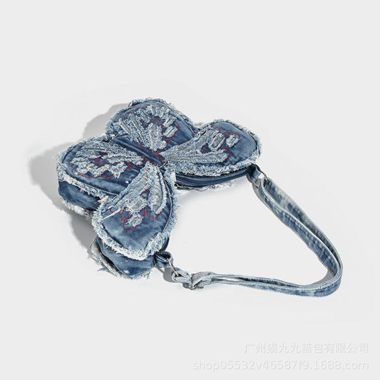Bolso vaquero de diseño lavado, bolso con forma de mariposa, bolso vaquero punk, bolso de hombro, mochila para mujer