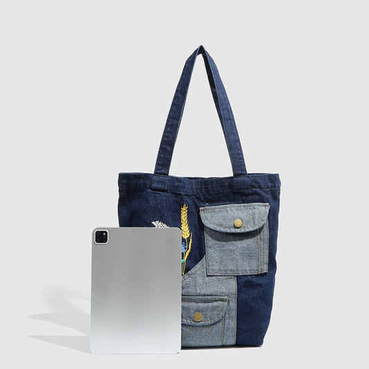 Bolso bandolera vaquero, bolso bandolera con bordado de espiga de trigo, bolso tote vintage, bolso de compras de moda