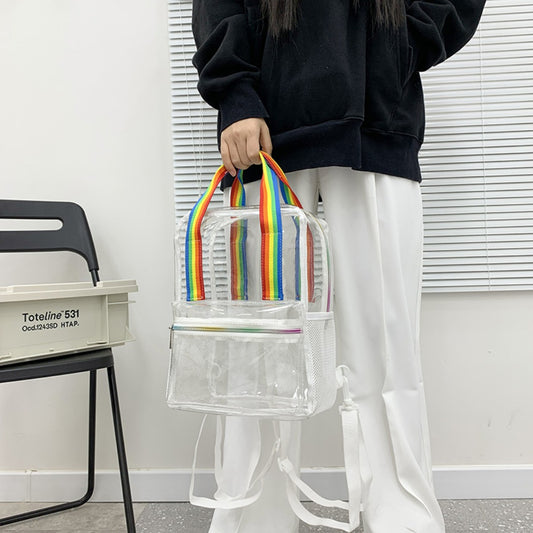 Mochila impermeable de PVC con diseño transparente, duradera y elegante, perfecta para viajes, escuela y uso diario.