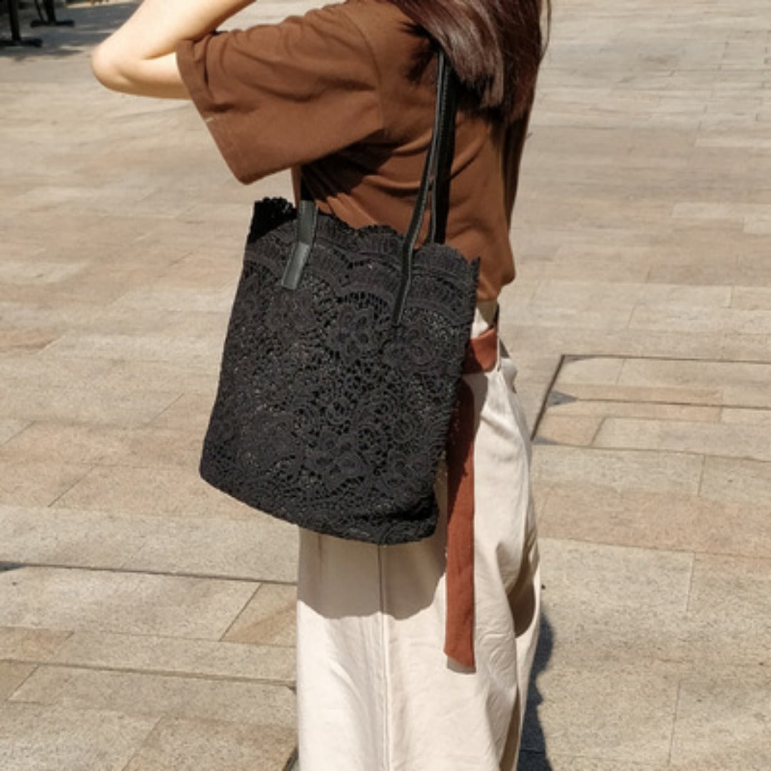 Bolso hobo de encaje para mujer, bolso de hombro para compras, bolso tote calado con bordado de flores