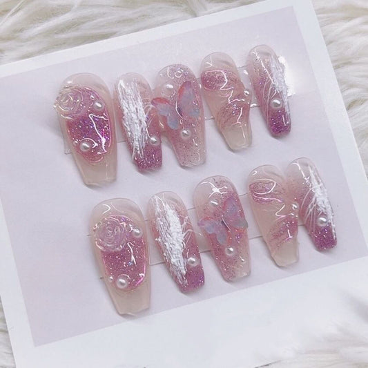 0942- Uñas postizas hechas a mano, de presión, removibles