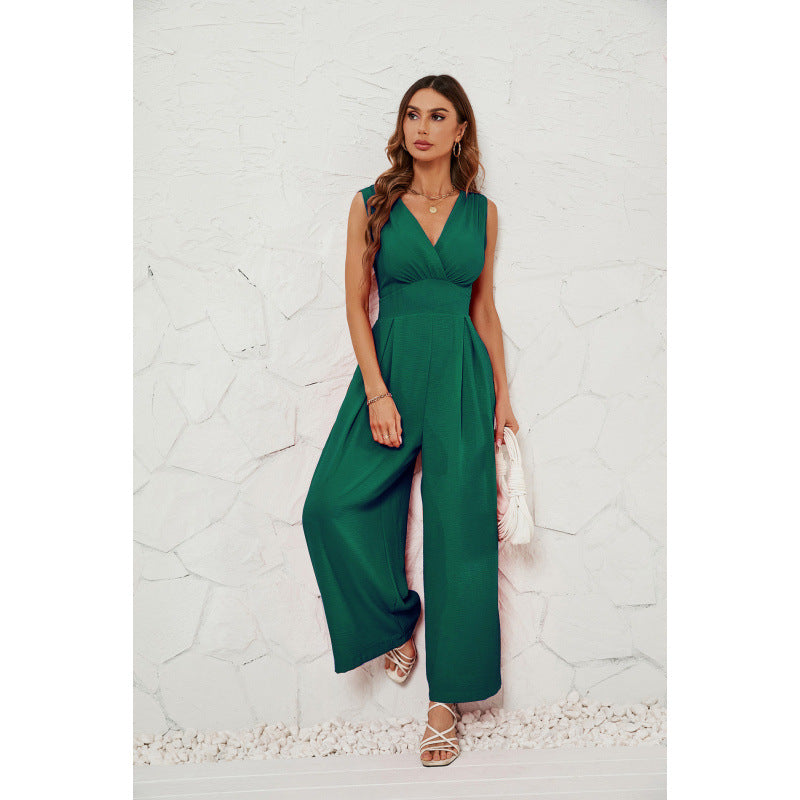 Sleeveless Jumpsuit High Waist Slim Straight Leg Wide -dropshippingabc.com