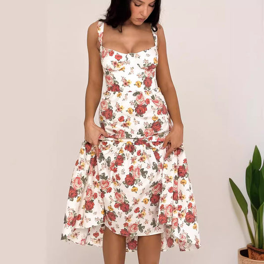 Sweet and spicy wind suspender solid color A pendulum floral dress women -dropshippingabc.com