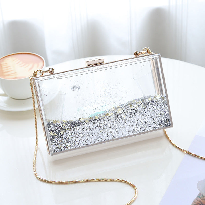 Bolso de mano tipo clutch con cadena y lentejuelas transparentes para mujer, ideal para fiestas y eventos.