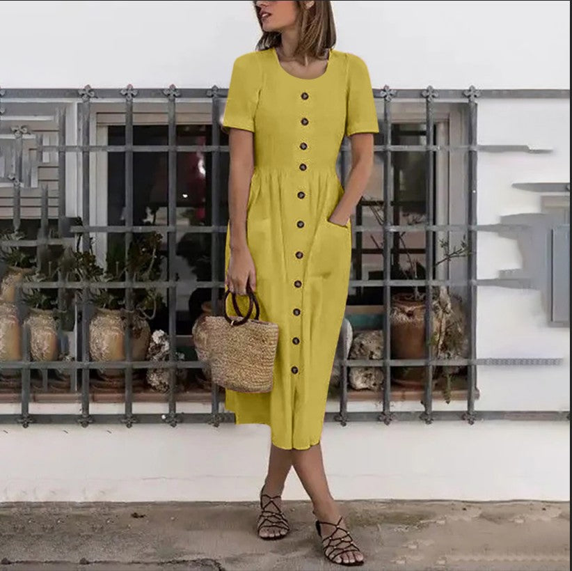 Vestido largo de verano para mujer, de manga corta, con cuello redondo, botones y bolsillo, modelo DR08210503