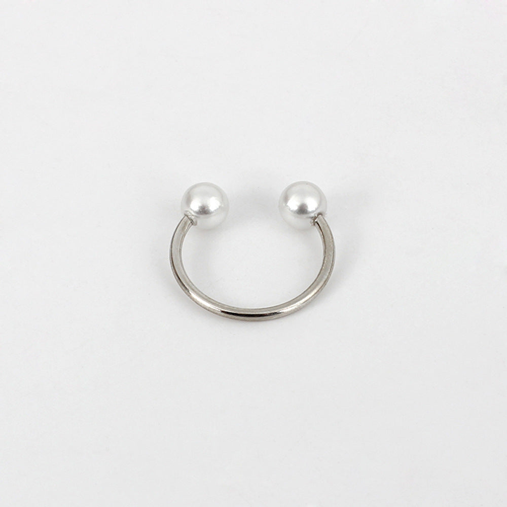 Anillo abierto de plata de ley 925 con perla, doble perla, ajustable, para mujer y niña.