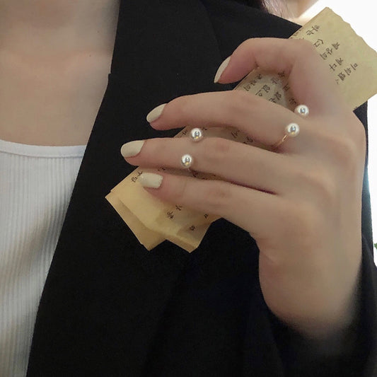 Anillo abierto de plata de ley 925 con perla, doble perla, ajustable, para mujer y niña.