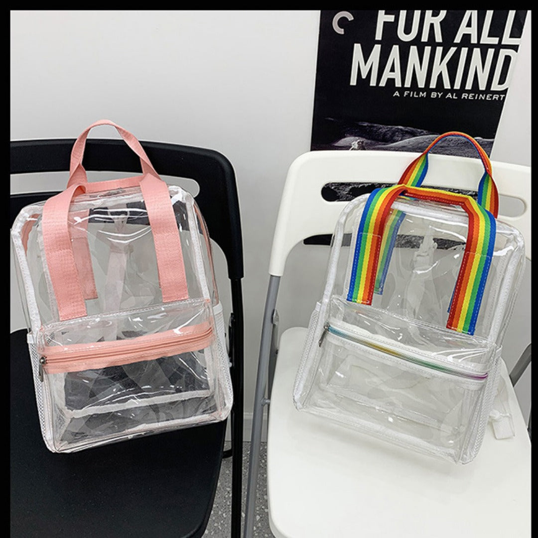 Mochila impermeable de PVC con diseño transparente, duradera y elegante, perfecta para viajes, escuela y uso diario. 