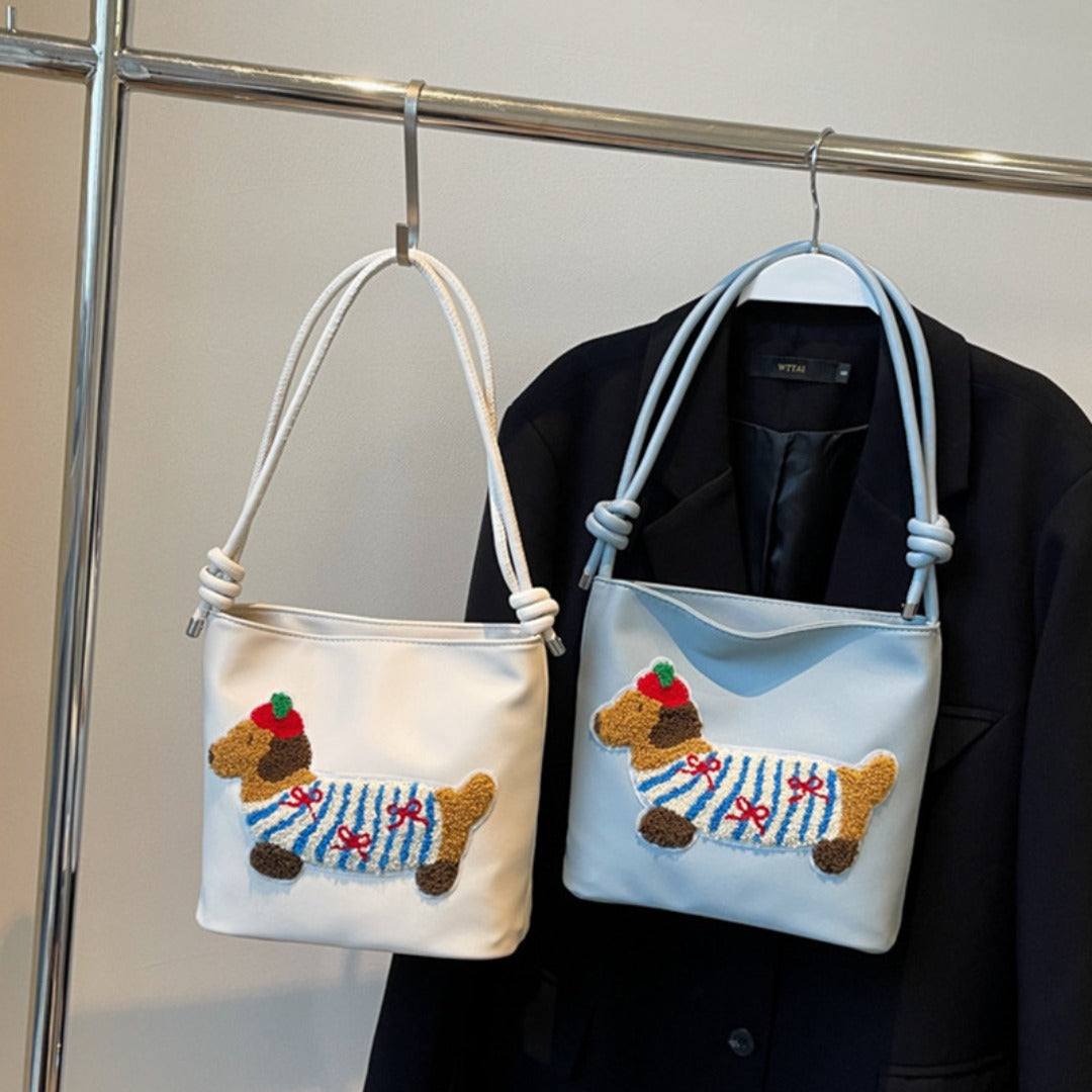 Bolso de lona con adorable estampado de cachorros - Bolso bandolera estilo cubo a la moda para estudiantes y mujeres 