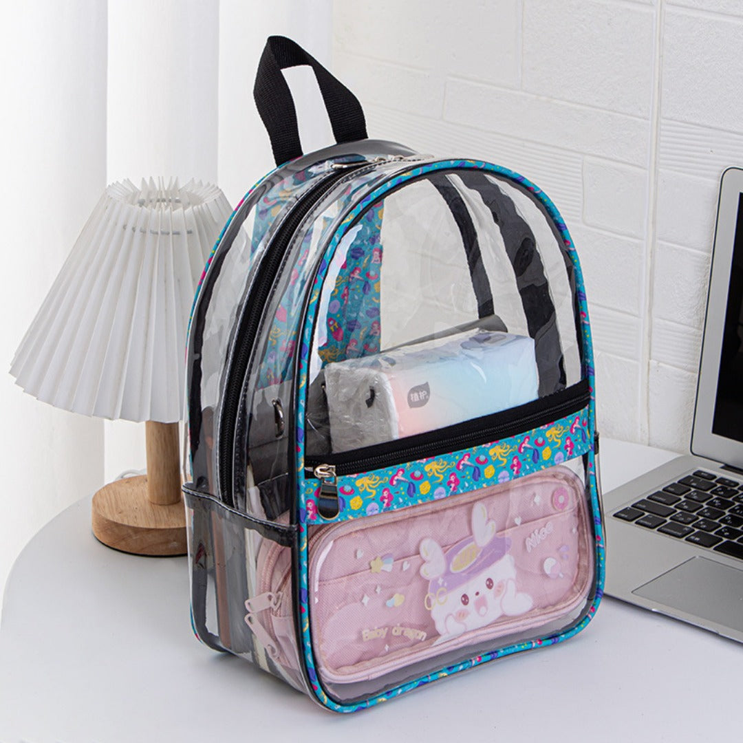 Mochila transparente e impermeable de PVC, mochila escolar con estampado de carita sonriente, bolsa de hombro para guardar libros y viajar 