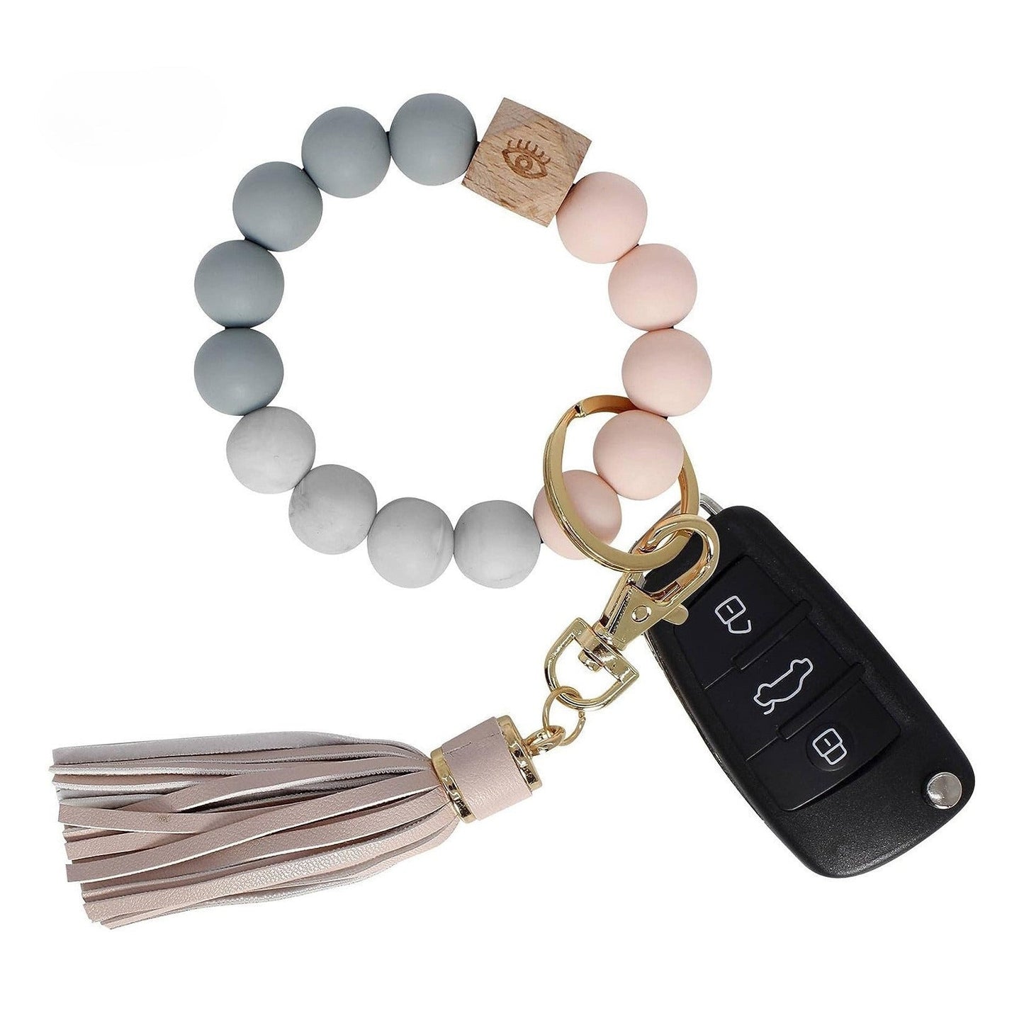 Llavero con borla de PU y cuentas de silicona para bolso, pulsera, llavero de coche, para mujeres y niñas 