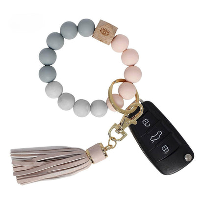 Llavero con borla de PU y cuentas de silicona para bolso, pulsera, llavero de coche, para mujeres y niñas 