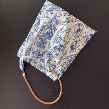 Bolso de mano retro con diseño de flores de porcelana azul y blanca, bolso de hombro con asa única, bolso ligero, bolso hobo de tela 