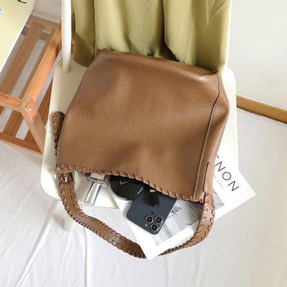 Bolso tipo cubo elegante con correa de hombro tejida para mujer - Textura versátil, suave PU, estilo retro informal 