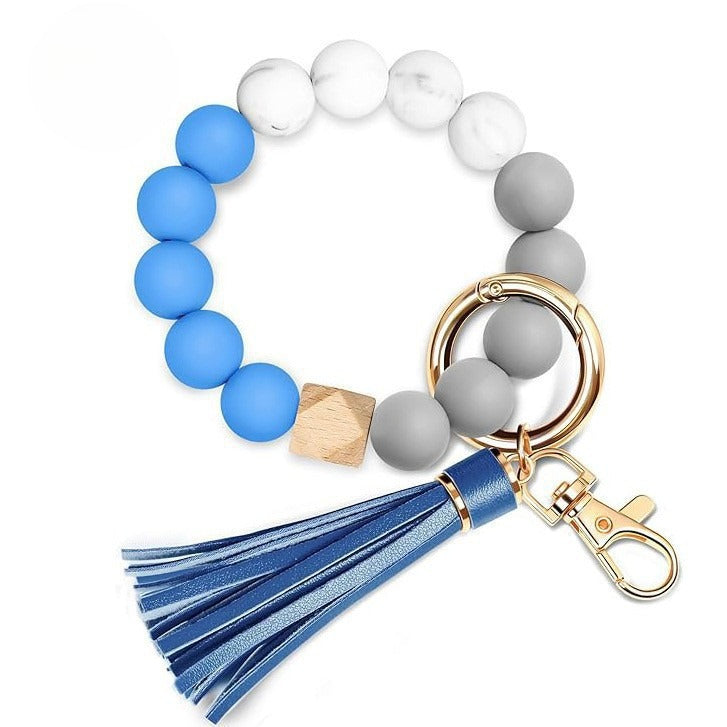 Llavero con borla de PU y cuentas de silicona para bolso, pulsera, llavero de coche, para mujeres y niñas 