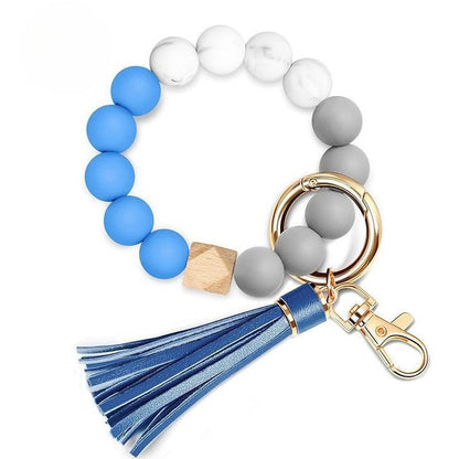Llavero con borla de PU y cuentas de silicona para bolso, pulsera, llavero de coche, para mujeres y niñas 