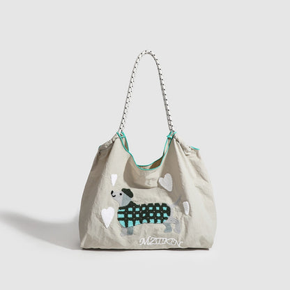 Large Capacity hobo bag with Embroidered Dog pattern, Shoulder bag Nylon, Shoulder Underarm Bag, Commuter hobo Bag Female