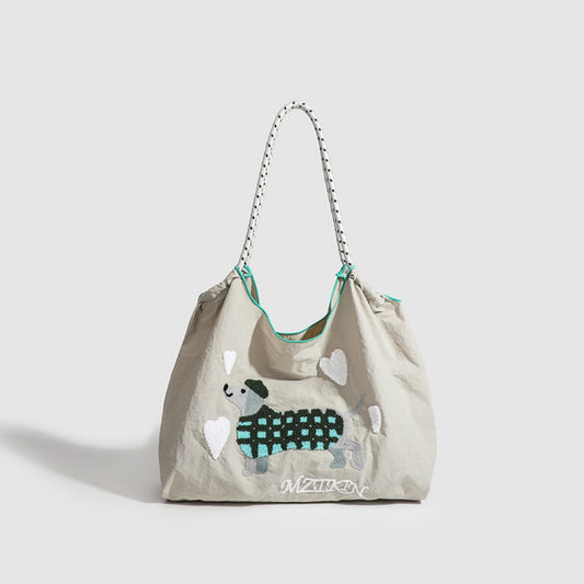 Bolso hobo de gran capacidad con bordado de perro, bolso de hombro de nailon, bolso bandolera, bolso hobo para mujer 
