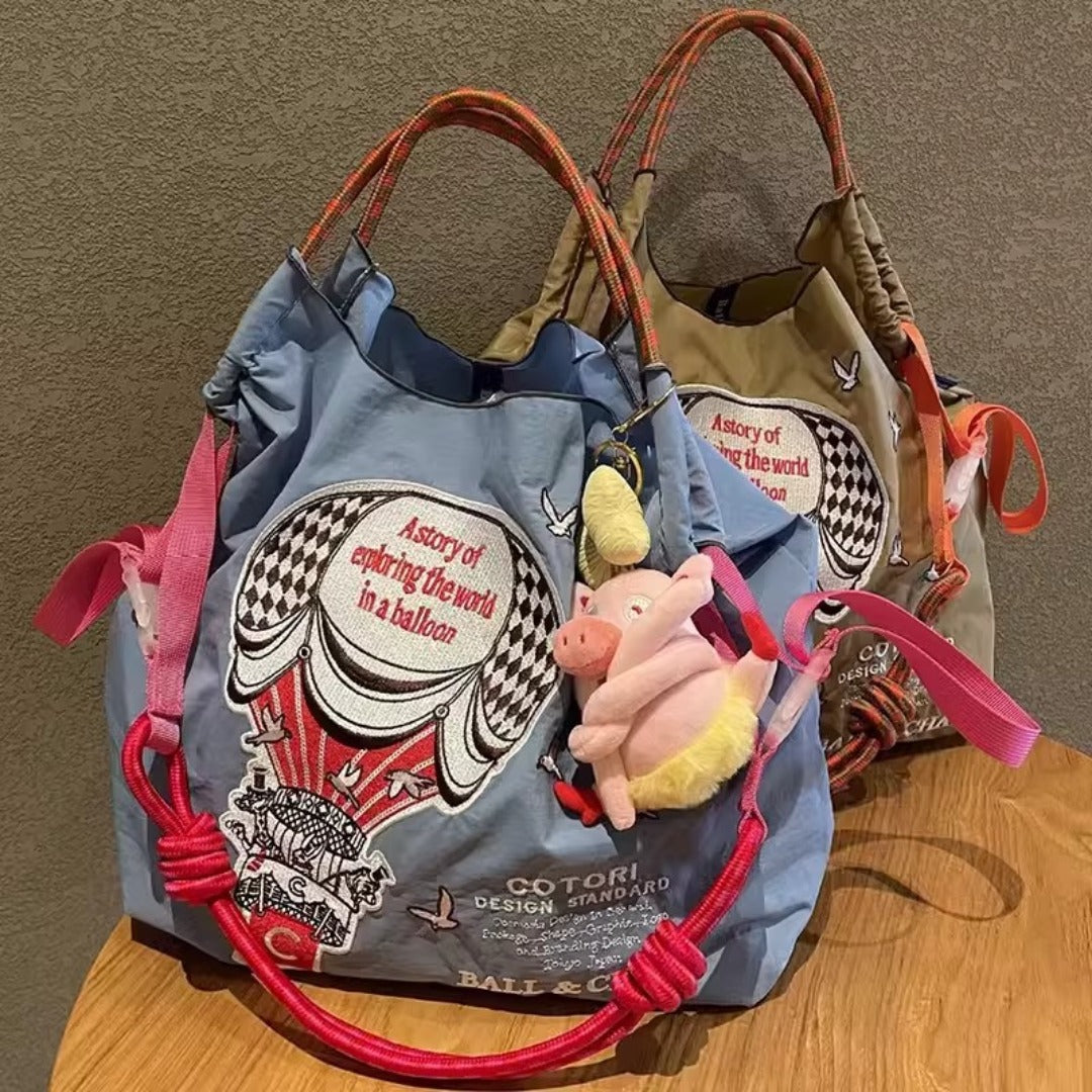 Bolso tote con estampado sencillo de globos aerostáticos, bolso de tela ecológico bordado para mujer, bolso bandolera portátil de nailon 